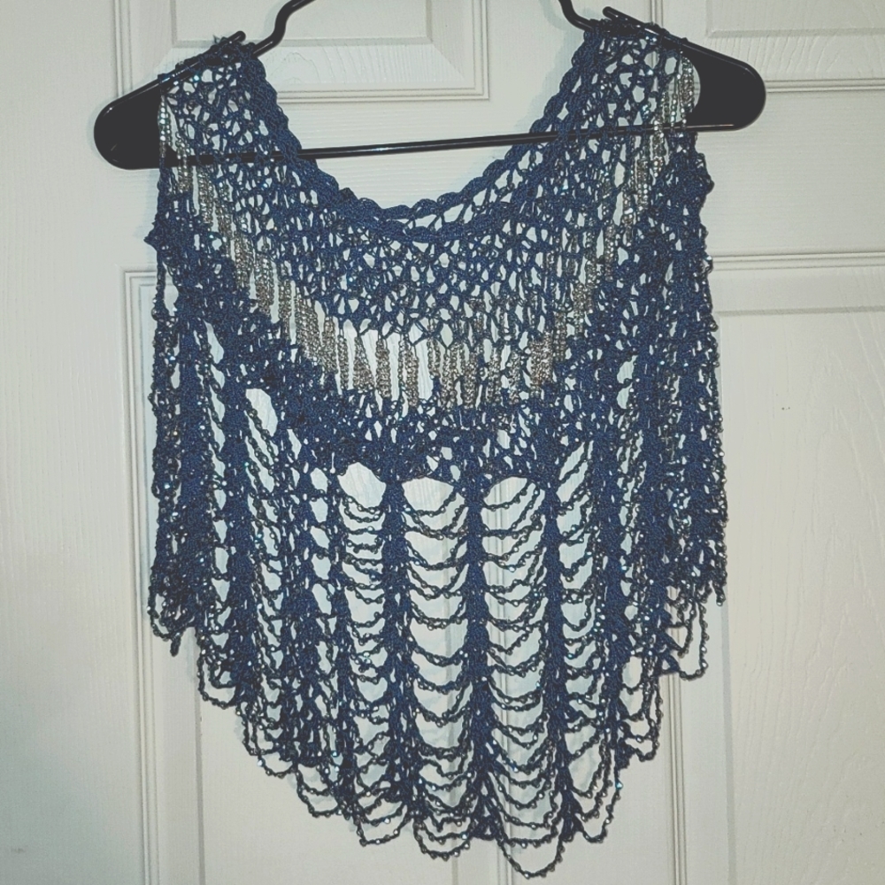 Navy Beaded Poncho, One Size